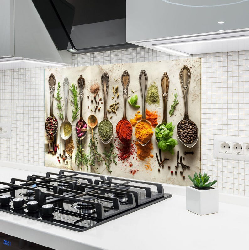 Keukenachterwand van gehard glas: kleurrijke kruiden, hittebestendige spatwand voor tijdens het koken afbeelding 1