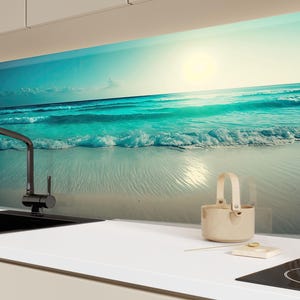 Salpicadero de vidrio templado con diseño de playa tropical: Arte de pared para la cocina