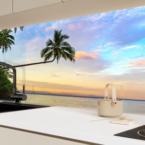 Tropical Beach Tempered Glass Kitchen Backsplash: Heat Resistant Wall Art