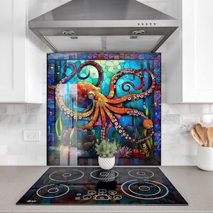 Octopus Tempered Glass Stove Backsplash: Mosaic Tile Kitchen Decor