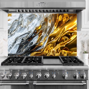 Tempered Glass Gold Backsplash Design, Cooker Wall Backsplash Panel, Glass Splashback For Kitchen Panel Design, Golden Splashback Marble