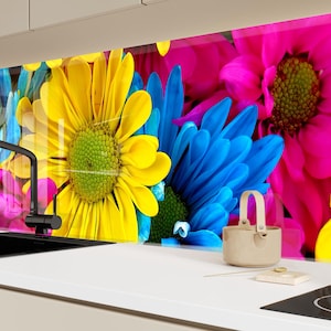 Floral Tempered Glass Kitchen Backsplash: Colorful Flower Tile