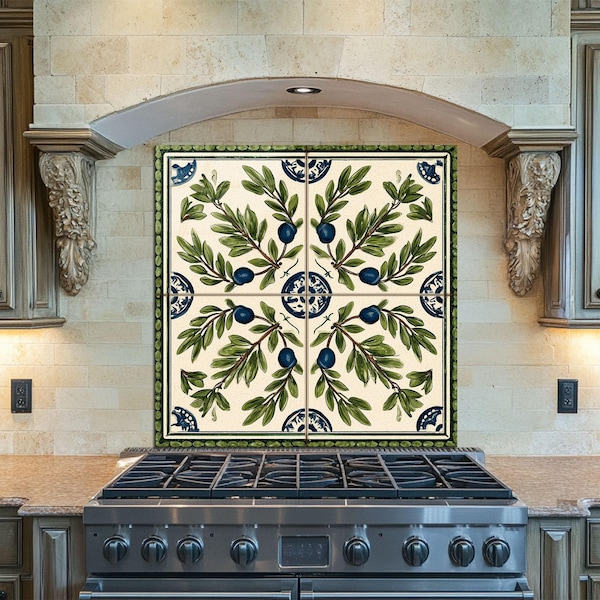 Mediterranean Olive Tile Glass Backsplash – Blue & Green Ceramic Pattern, Classic Kitchen Wall Art Panel
