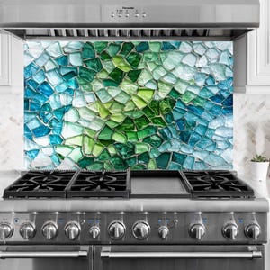 Mosaic Tempered Glass Backsplash: Green & Blue Kitchen Stove Splashback