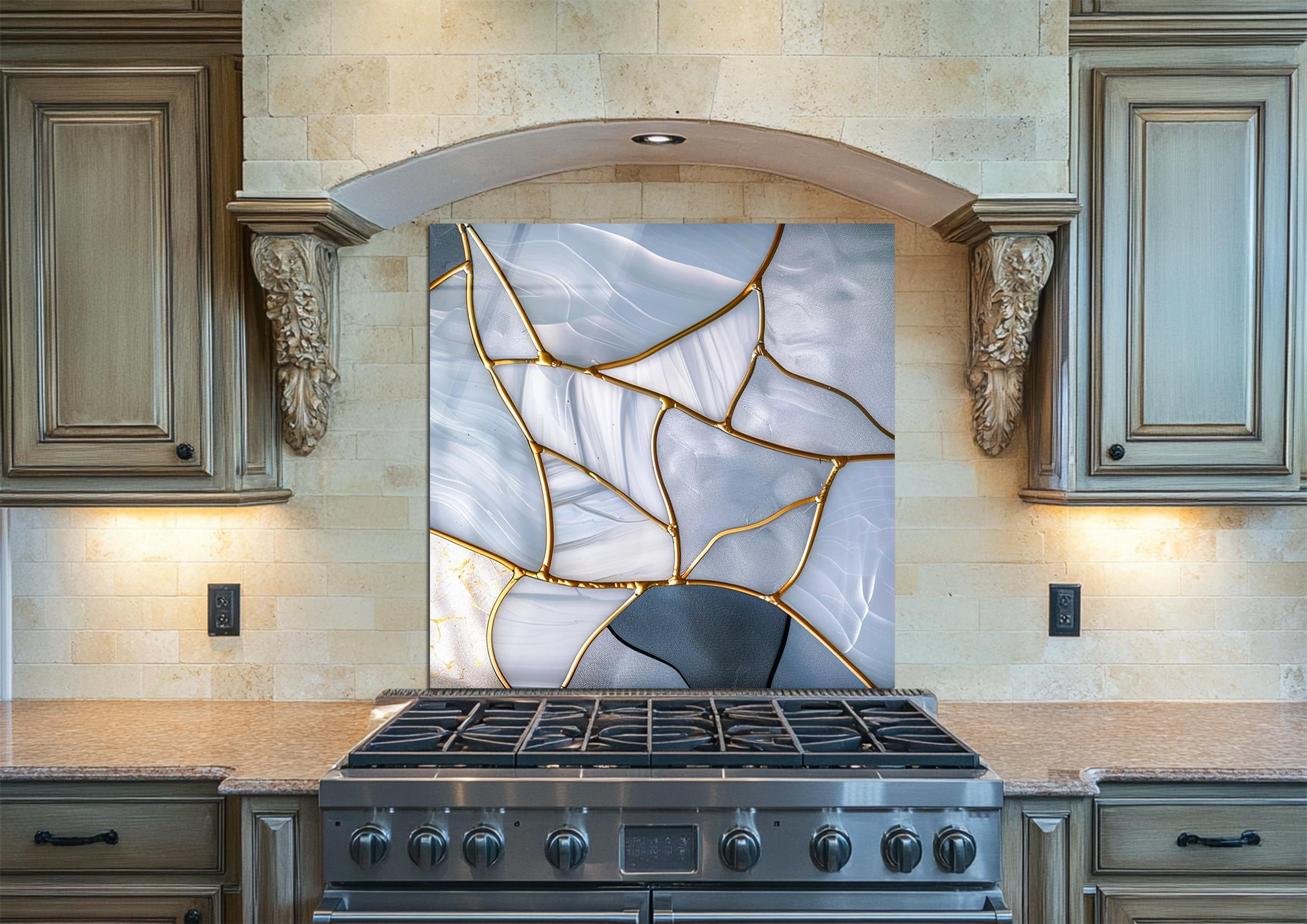 Blue Marble Abstract Glass Backsplash – Modern Gold Vein Tempered Glass ...