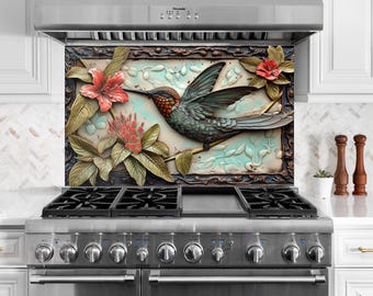 Tempered Glass Kitchen Backsplash, Animal Floral Backsplash for Kitchen Bird Splashback Stove Back Cover, Sink Splashback Bird Backsplash