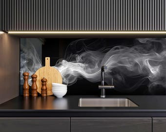 Tempered Glass Kitchen Backsplash Abstract Backsplash for Kitchen Gray Smoke Splashback Stove Back Cover, Black Splashback