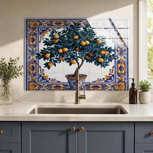 Potted Orange Tree Tempered Glass Backsplash, Blue Ceramic Planter Kitchen Splashback, Ornate Citrus Topiary Stove Panel