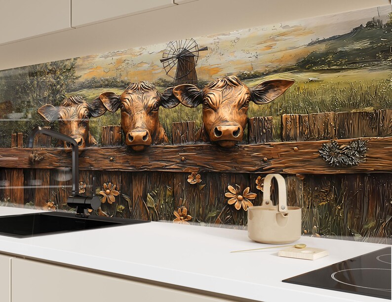Funny Cow Trio Kitchen Backsplash: Rustic Farmhouse Heatproof Glass ...