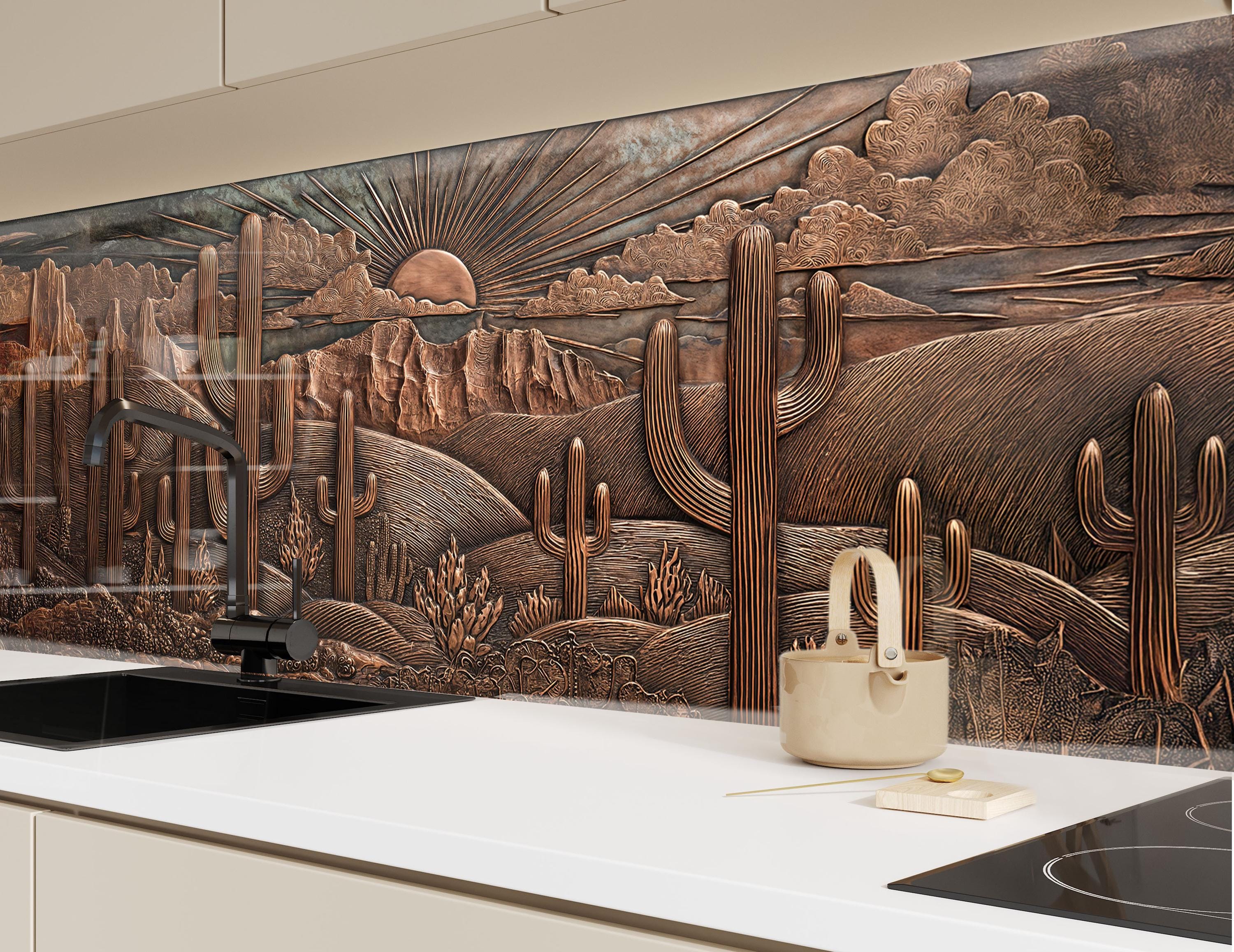 Desert Sunset Glass Backsplash – Bronze Cactus Wall Art, Western ...