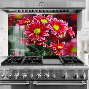 Floral Tempered Glass Kitchen Backsplash: Flower Tile Stove Cover