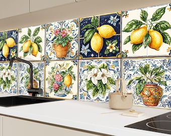 Piastrelle in vetro con motivo floreale di limoni per paraschizzi – Decorazione murale mediterranea agrumata, arredamento colorato per la cucina, pannello dal design rustico italiano