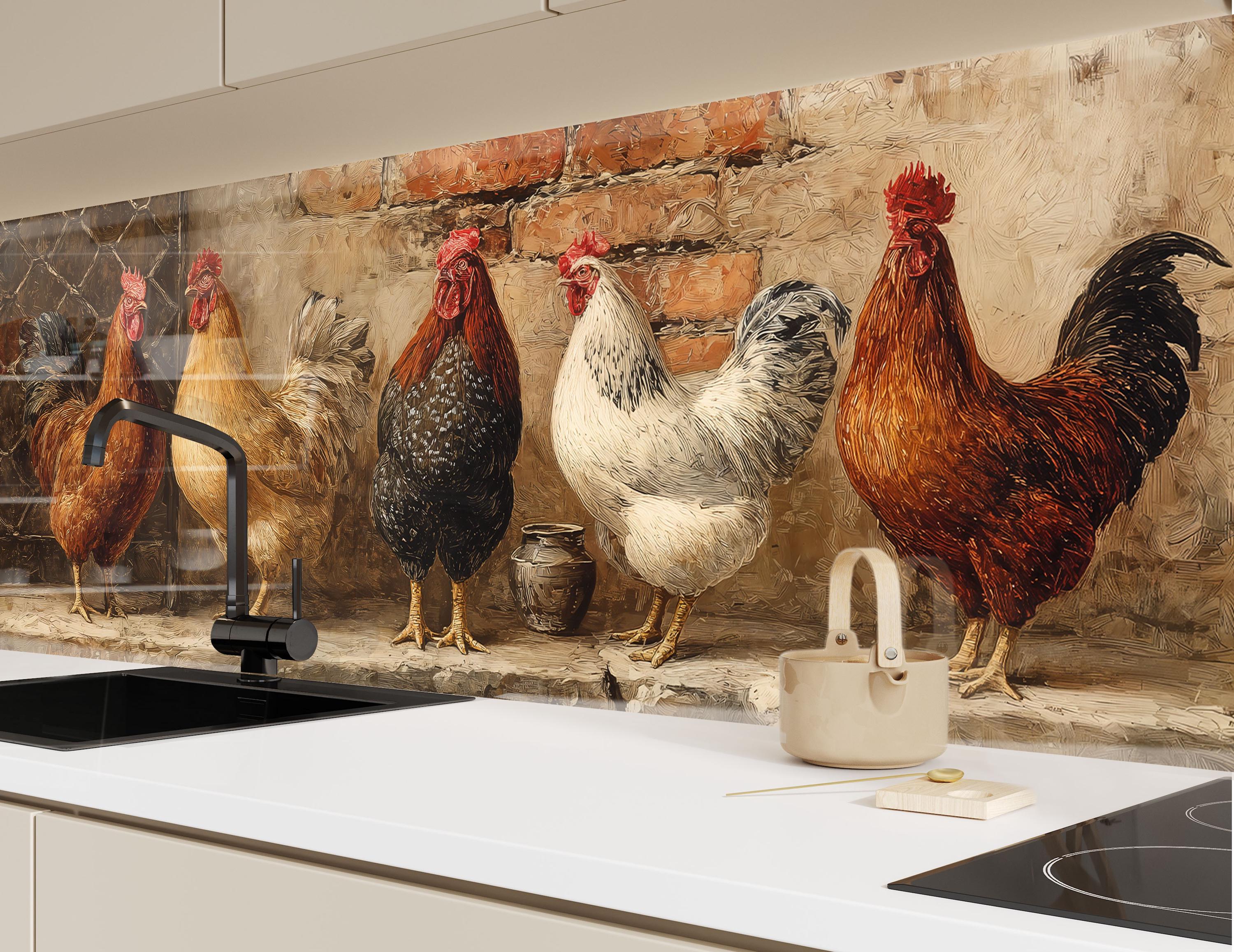 Rustic Chicken Farmhouse Glass Backsplash – Vintage Kitchen Wall Art ...