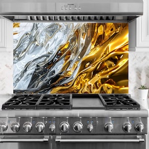 Tempered Glass Gold Backsplash Design, Cooker Wall Backsplash Panel, Glass Splashback For Kitchen Panel Design, Golden Splashback Marble