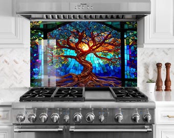 Tree of Life Tempered Glass Kitchen Backsplash: Heat & Stain Resistant