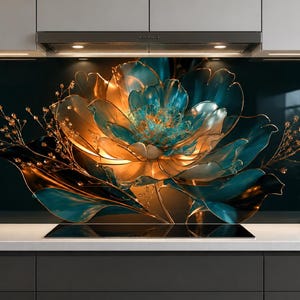 May include: A kitchen backsplash panel featuring a large, central stylized flower with translucent teal and metallic gold petals. The design includes delicate, branching stems with small, glowing gold accents against a dark, solid background.