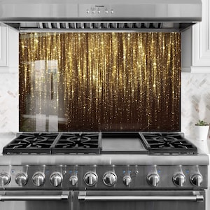 Tempered Glass Gold Backsplash Design, Cooker Wall Backsplash Panel, Glass Splashback For Kitchen Panel Design, Golden Splashback Marble
