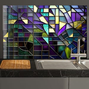 Stained Glass Tempered Backsplash: Purple Kitchen Panel Design