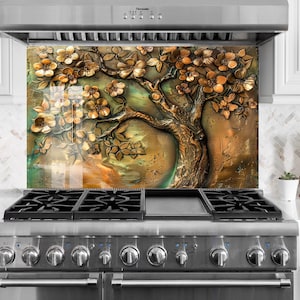 Floral Tree Glass Kitchen Backsplash, Tempered glass Backsplash for stove back cover, Life of tree backsplash, Copper looks splashback