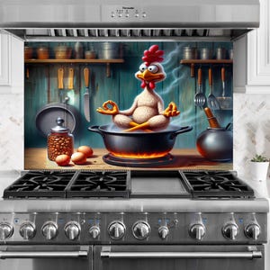 Funny Chicken Tempered Glass Kitchen Backsplash – Kitchen Stove Splashback, Heat Resistant Glass Panel with Cartoon Cooking Chicken Design