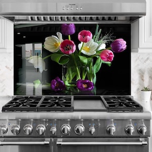 Floral Tempered Glass Kitchen Backsplash: Flower Tile Stove Cover