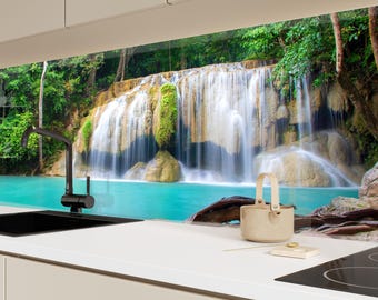 Waterfall Tempered Glass Backsplash: Lake View Kitchen Decor