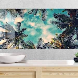 Salpicadero de vidrio templado con diseño de palmeras tropicales: decoración playera para cocina