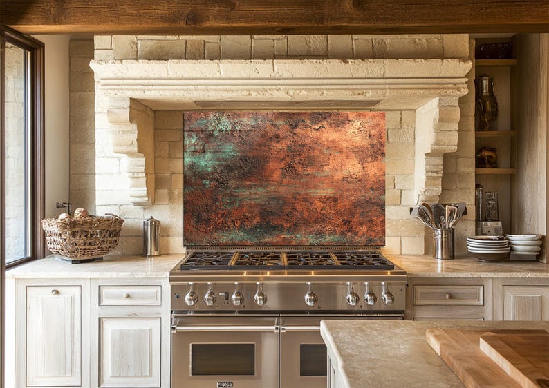 Rust Kitchen Splashback Rust Copper Abstract Glass Backsplash – Industrial Patina Tempered ...