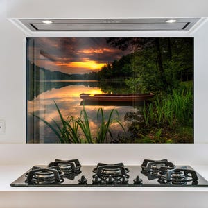 Tempered Glass Kitchen Backsplash: Nature Lake View, Heat Resistant