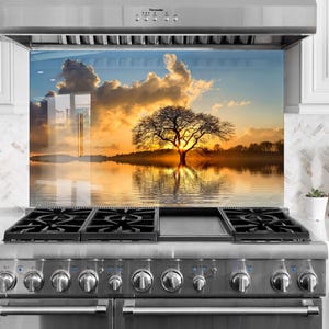 Natur gehärtetes Glas-Küchenhintergrund: Sonnenuntergang Seeblick