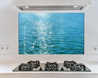 Blue Ocean View Tempered Glass Kitchen Backsplash - Coastal Modern