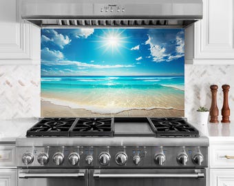 Ocean View Tempered Glass Kitchen Backsplash: Coastal Kitchen Decor