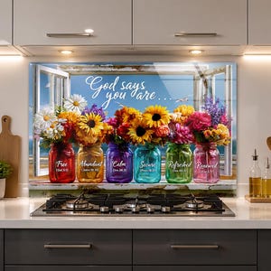 Pode incluir: Um painel retangular para parede de cozinha com vista de janela e seis potes de vidro coloridos cheios de flores vibrantes. O texto diz God says you are seguido por Free, Abundant, Calm, Secure, Refreshed e Renewed com citações bíblicas.