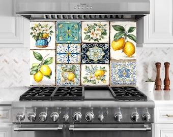 Piastrelle in vetro con motivo limoni mediterranei per paraschizzi della cucina – Decorazione rustica floreale per pareti, stile country.