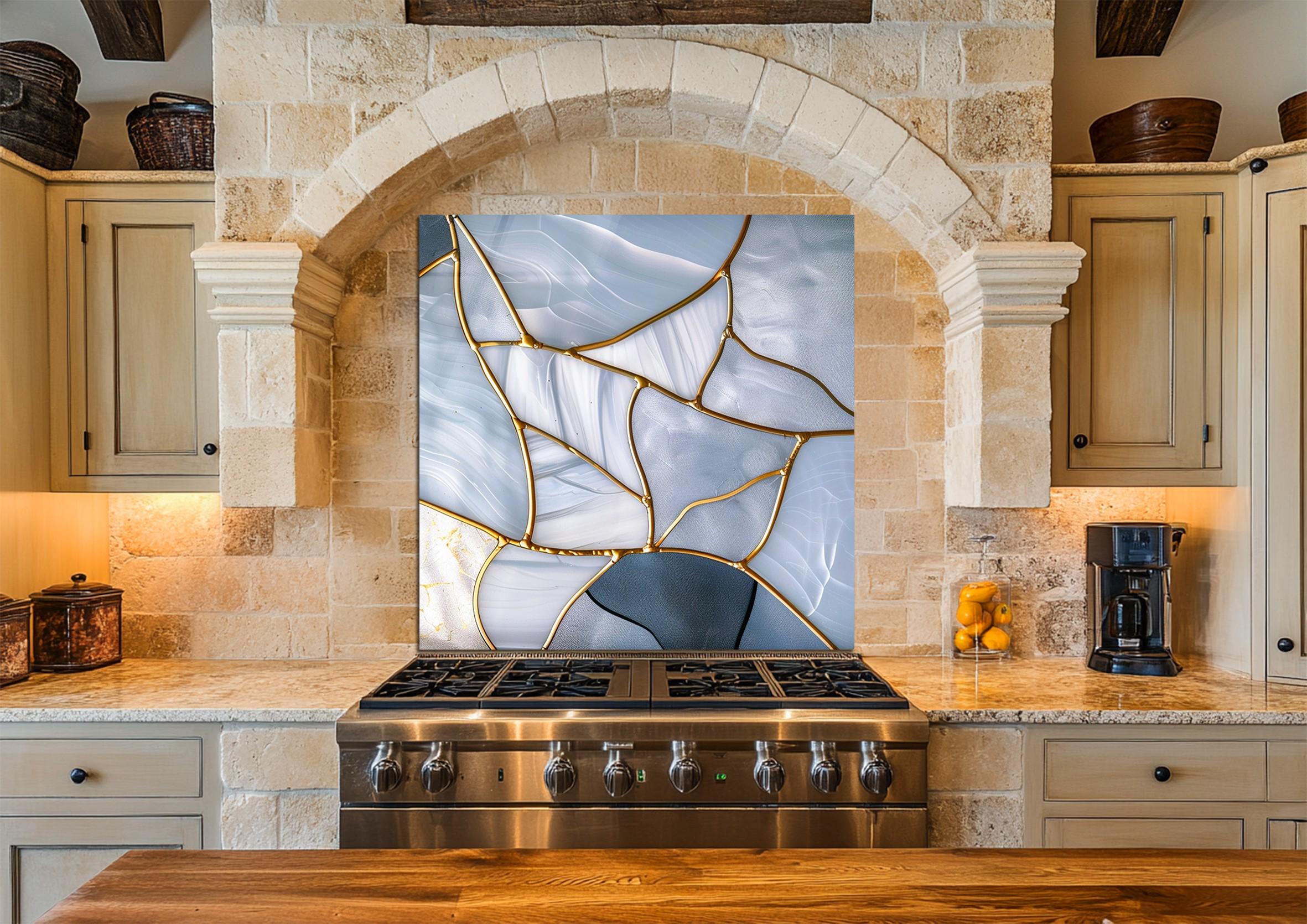 Blue Marble Abstract Glass Backsplash – Modern Gold Vein Tempered Glass ...