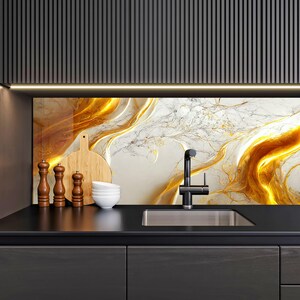 Tempered Glass Golden Backsplash Design, Cooker Wall Backsplash Panel, Glass Splashback For Kitchen wall Panel, Gold Splashback Marble