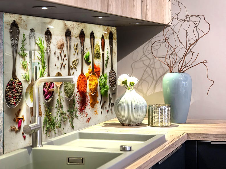 a kitchen with a sink and a bunch of spoons hanging on the wall