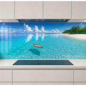 Tropical Lagoon Tempered Glass Backsplash, Wooden Boat Island Beach Splashback, Turquoise Ocean Coastal Kitchen Wall Panel, Stove Back Cover