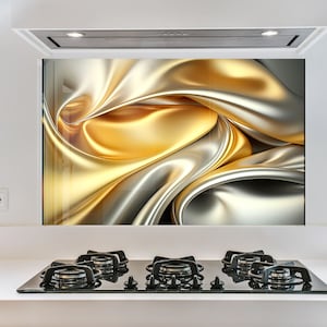Tempered Glass Golden Backsplash Design, Cooker Wall Backsplash Panel, Glass Splashback For Kitchen wall Panel, Abstract Splashback Marble