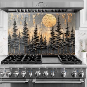 Forest Moon Tempered Glass Backsplash: Heat Resistant Kitchen Stove Panel, Mothers Day Gift
