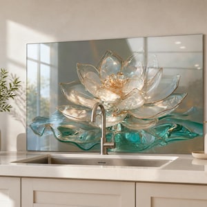 May include: A rectangular glass kitchen backsplash panel featuring a large, translucent lotus flower with gold-trimmed petals. The flower rests on stylized teal water waves. The panel is installed behind a stainless steel kitchen sink faucet.