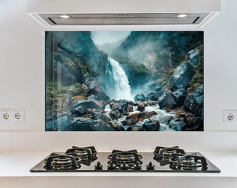 Forest Waterfall Tempered Glass Kitchen Backsplash - Heat Resistant