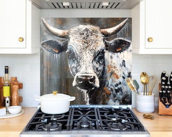 Salpicadero de cocina de vidrio templado con diseño de vaca de las Tierras Altas escocesas: decoración rústica