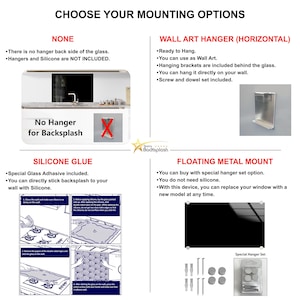 The image is a product advertisement for wall art hangers, providing instructions on how to mount wall art and back splash.