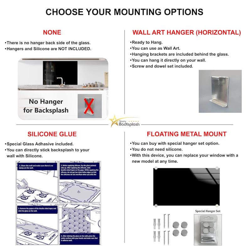The image is a product advertisement for wall art hangers, providing instructions on how to mount wall art and back splash.