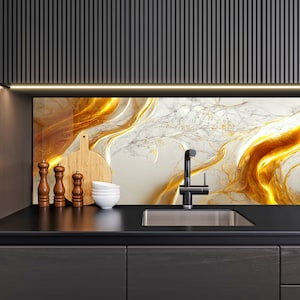 Tempered Glass Golden Backsplash Design, Cooker Wall Backsplash Panel, Glass Splashback For Kitchen wall Panel, Gold Splashback Marble
