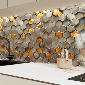 Gold Geometric Tempered Glass Kitchen Backsplash: Heat Resistant Tile