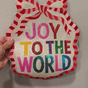 Joy to the World SequinXL  – Christmas patch Holiday Bow Patch, Festive Embroidered Iron-On Applique, DIY Holiday Sweatshirt