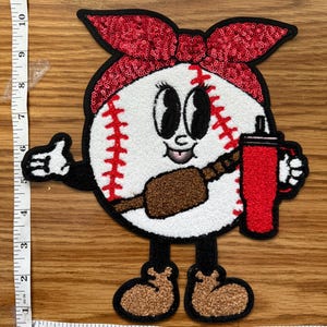 XL Baseball Chenille Patch Girl – Iron On Applique | Baseball Mom Patch with Bow & Boots (10”)