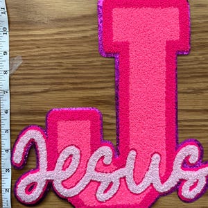 XL Jesus Chenille Patch – Pink Script Faith Letter Iron On Applique for Jackets & Sweatshirts